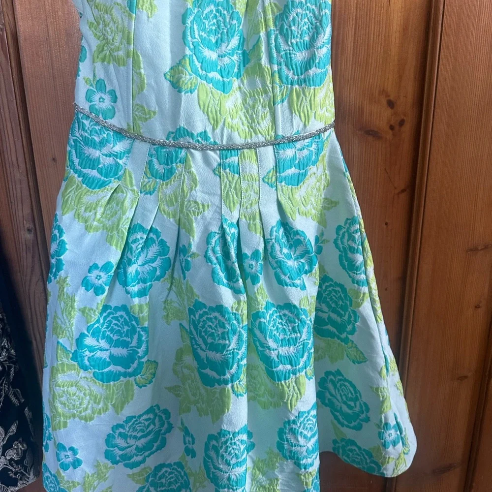 Boutique Dress- Sz M a-line strapless teal and lime green. NWT - Picture 3 of 6